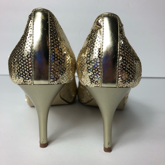 Guess Gold Sequin Peep Toe Party Stiletto Heels - Picture 5 of 8